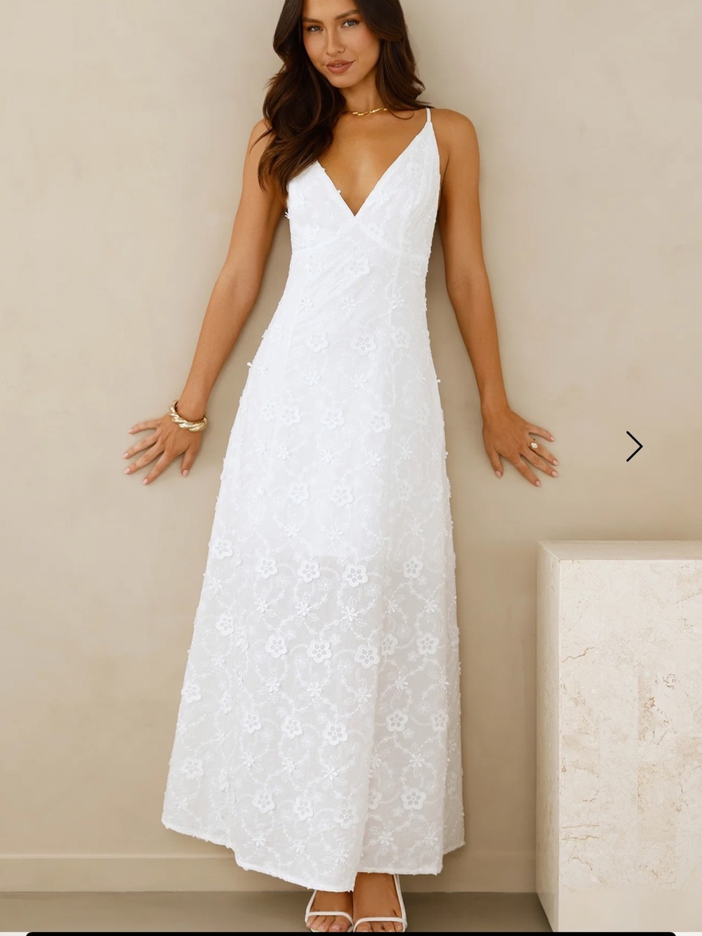 Hello Molly White Floral Lace Maxi Dress with V-Neck